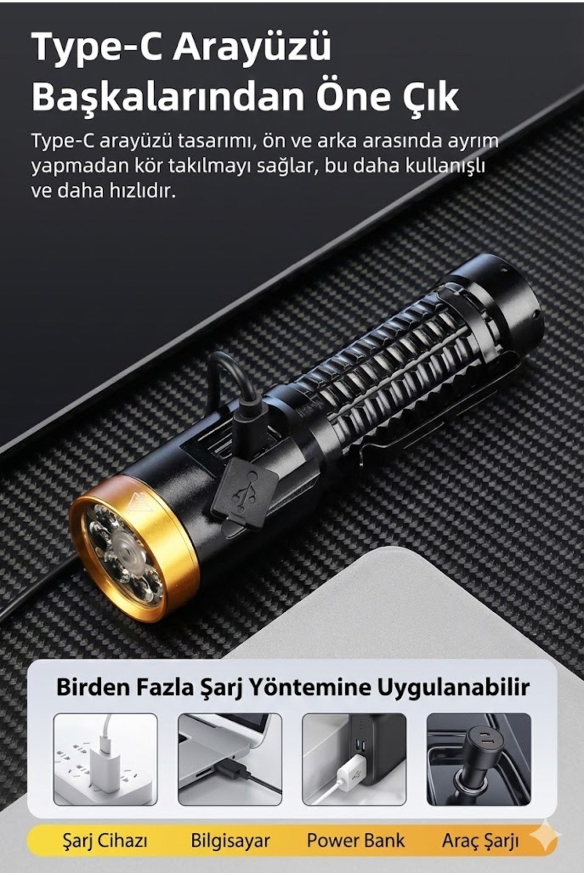 2800 Lümen Yeşil Lazerli Şarjlı El Feneri - Dijital Göstergeli Mıknatıslı Taktik Kamp Feneri
