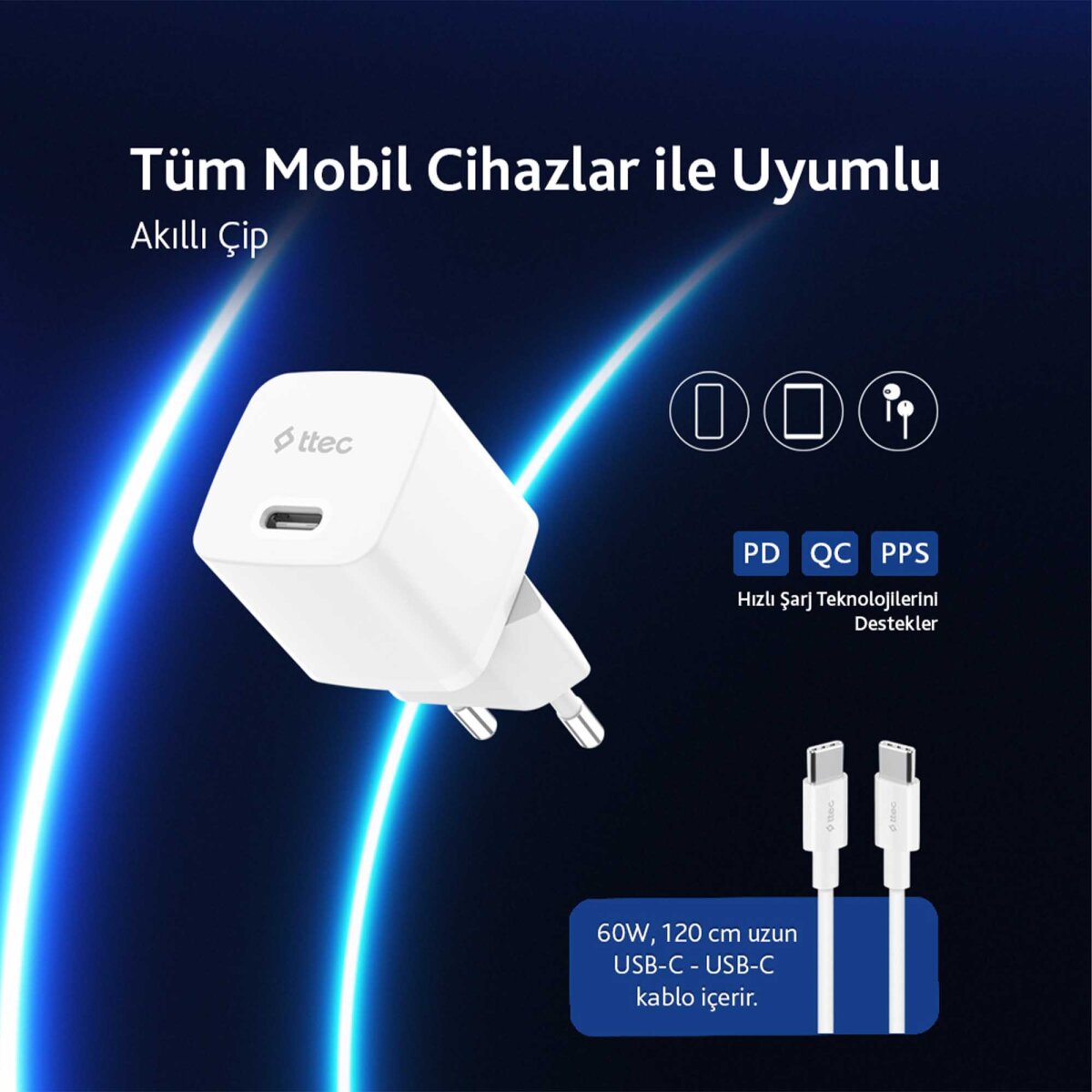 TTEC 2SCP01CB 20W PD HIZLI ŞARJ CİHAZI + TYPE C - TYPE C KABLO