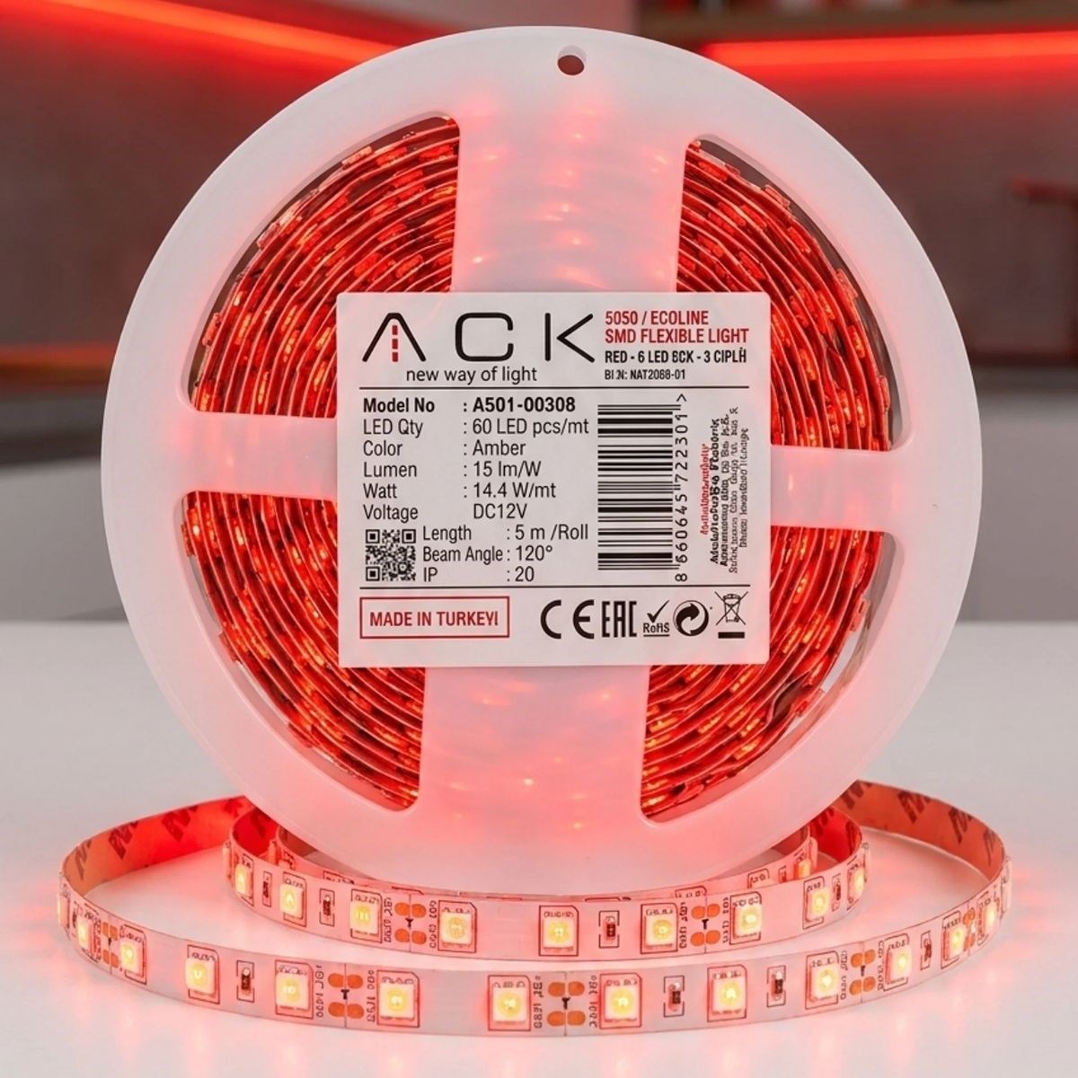 BUFFER® Kırmızı LED Şerit 5m – 60 LED/m 12V 14.4W Güçlü 3 Çipli Işık Şerit Led
