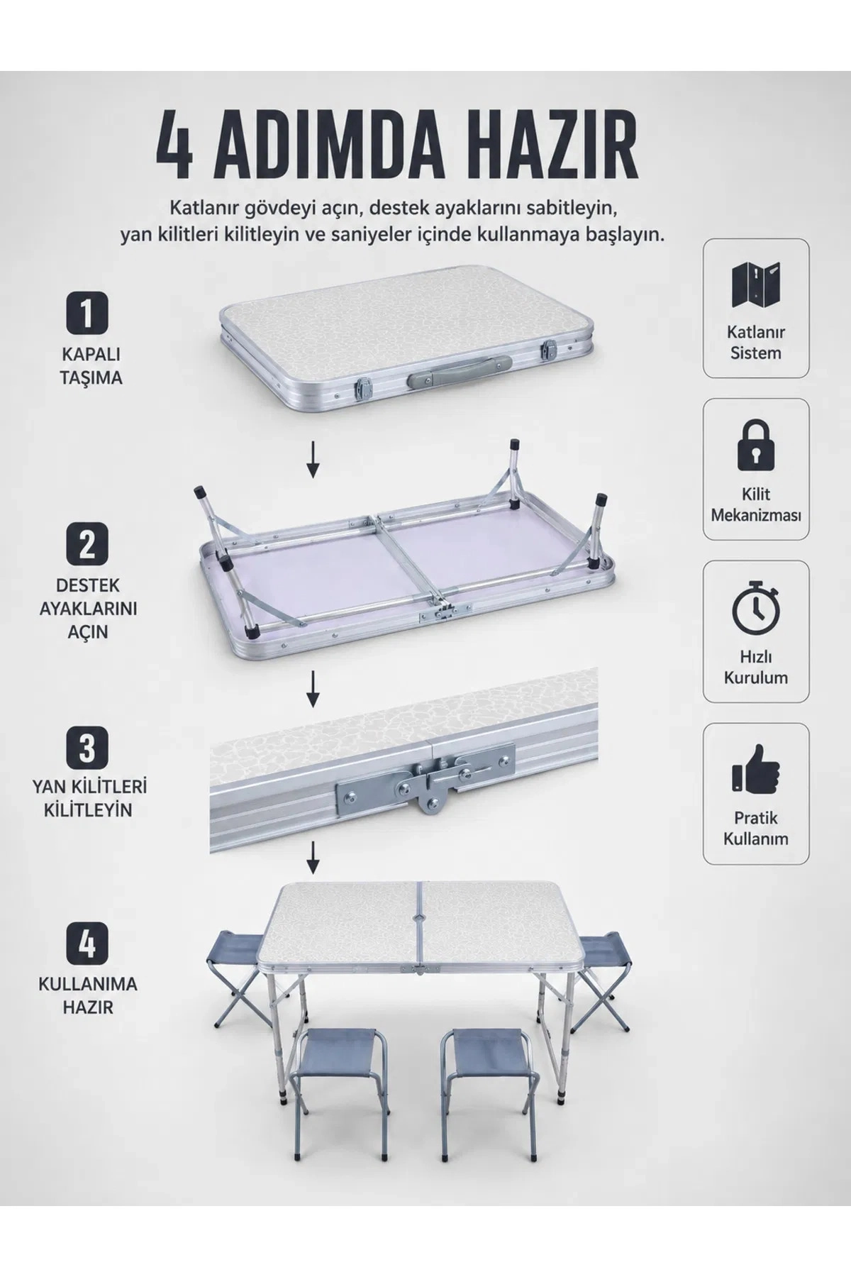 Valiz Tipi Katlanabilir Piknik Masası 4 Tabureli Taşınabilir Kamp Masası Katlanır Masa Seti