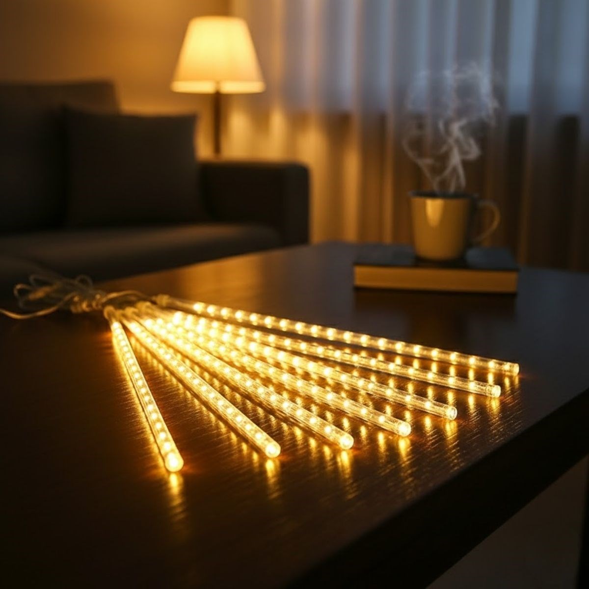 10’lu 45 cm Plastik Meteor LED USB 2M Kablo Sarı Renk Ağaç Işığı – Renk Değiştiren Asmalı Dekoratif Bahçe ve Dış Mekan Aydınlatması