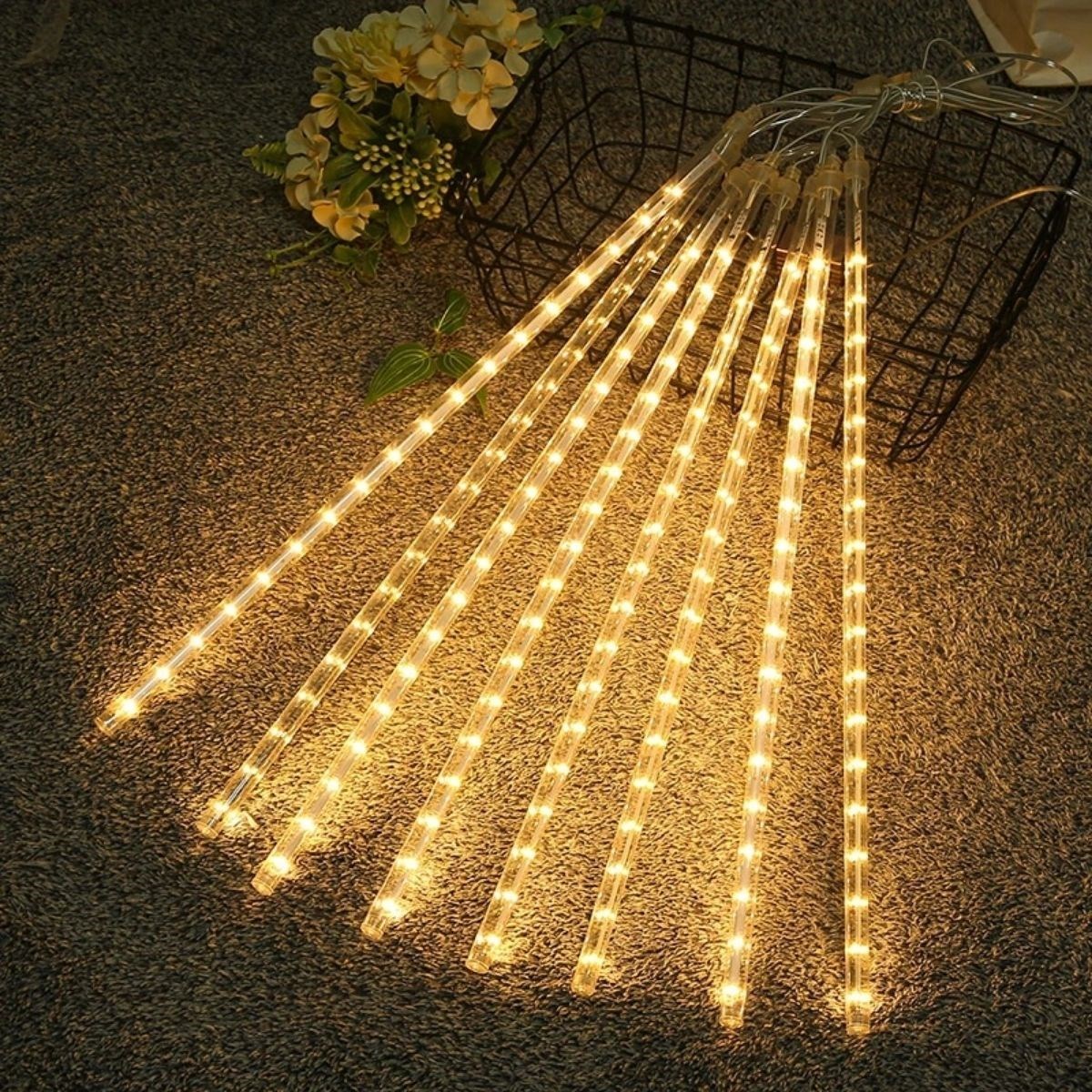 10’lu 45 cm Plastik Meteor LED USB 2M Kablo Sarı Renk Ağaç Işığı – Renk Değiştiren Asmalı Dekoratif Bahçe ve Dış Mekan Aydınlatması