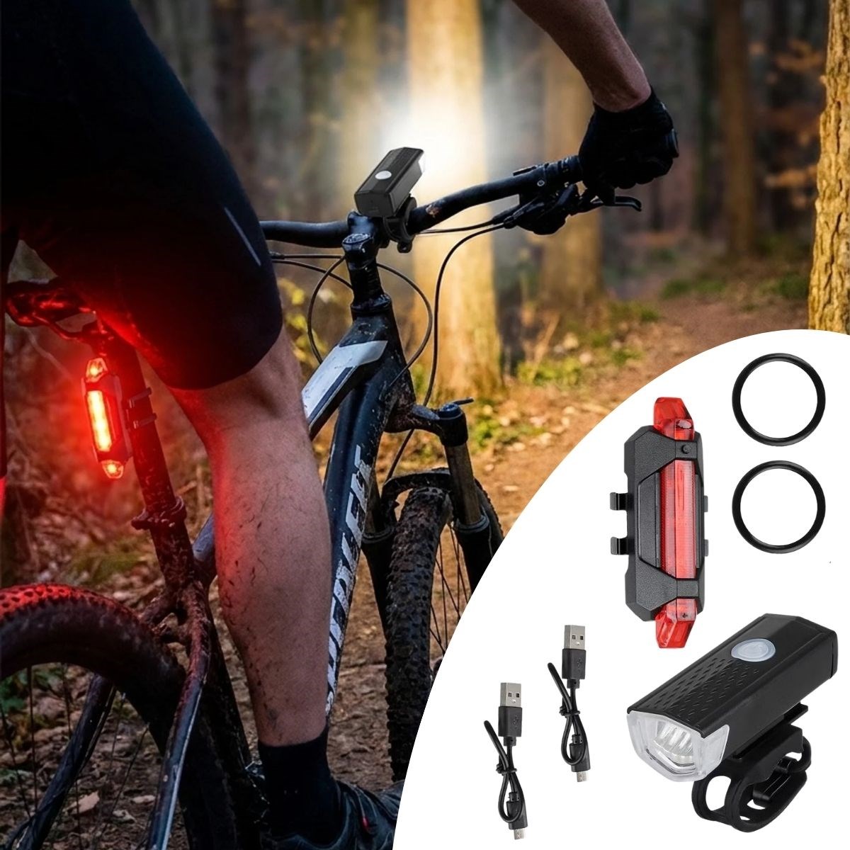 BUFFER® Bisiklet Işık Seti – USB Şarjlı LED Ön Far + Arka Stop Lambası, Su Geçirmez Bisiklet Aydınlatma Seti