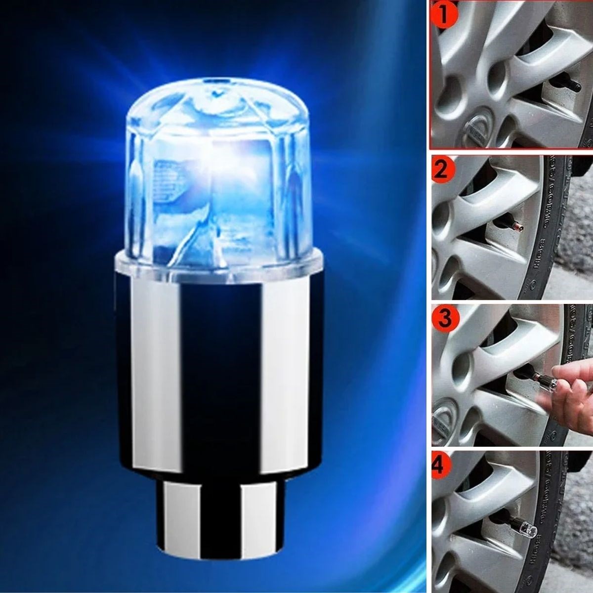 BUFFER® Araç ve Bisiklet İçin 2’li Mavi LED Hava Valfi Işık Kapakları–Gece Parlayan Lastik Lambası Sibop Kapağı