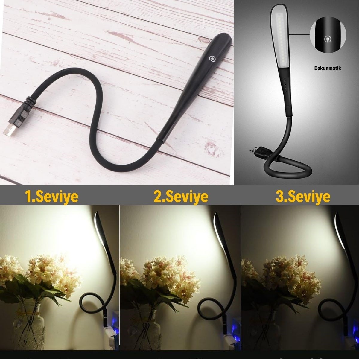 BUFFER® USB Girişli 14 Ledli 3 Kademeli Dokunmatik Masa/Kitap Okuma Lambası Ledi Siyah