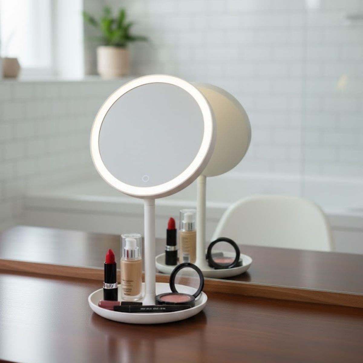 BUFFER® LED Işıklı Yuvarlak Makyaj Aynası – Dokunmatik Ayarlanabilir Işık Tonlu, 360° Döner Masaüstü Profesyonel Makyaj ve Cilt Bakım Aynası