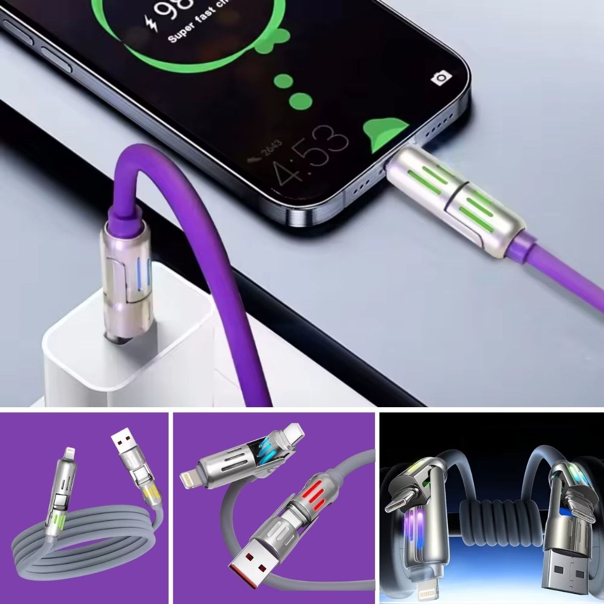 BUFFER® 4’ü 1arada Hızlı Şarj Etme Özellikli Bir Ucu TYPE-C ve USB-A Diğer Ucu TYPE-C ve Lightning Uçlu 240W Şarj Kablosu