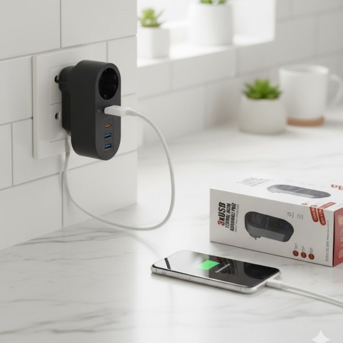 BUFFER® 2 USB,1 TYPE-C Girişli 1’li Çocuk Korumalı,Isıya Karşı Dayanıklı 2500Watt Termal Akım Korumalı Priz