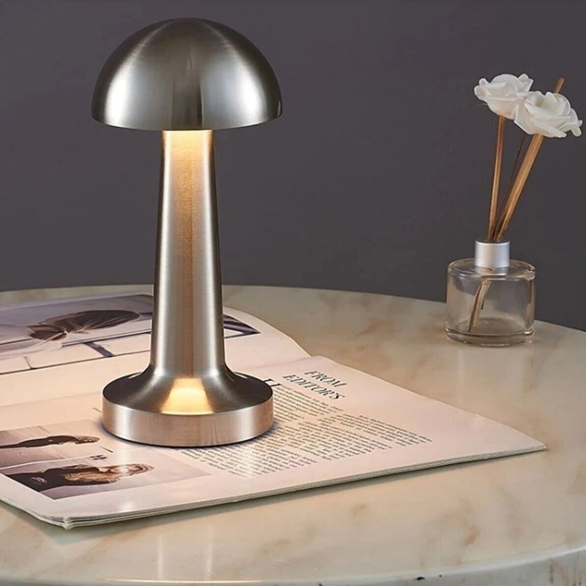 BUFFER® Mantar Model Silver Renk Şarjlı Dokunmatik 3 Renkli LED Masa Lambası