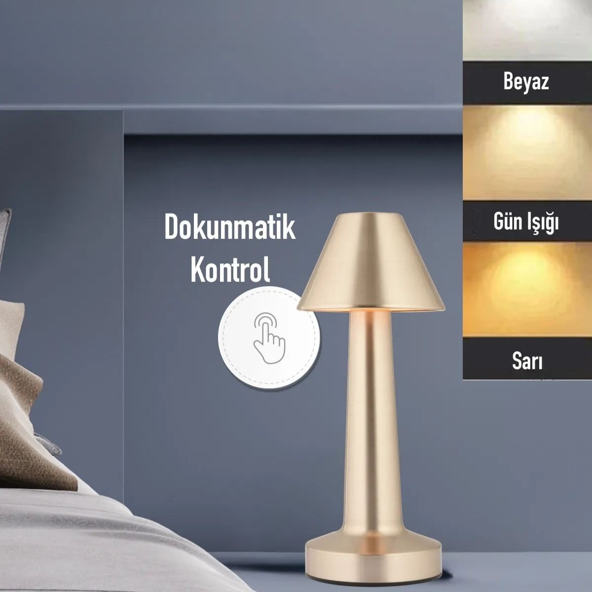 BUFFER® Çatı Model Gold Renk Şarjlı Dokunmatik 3 Renkli LED Masa Lambası