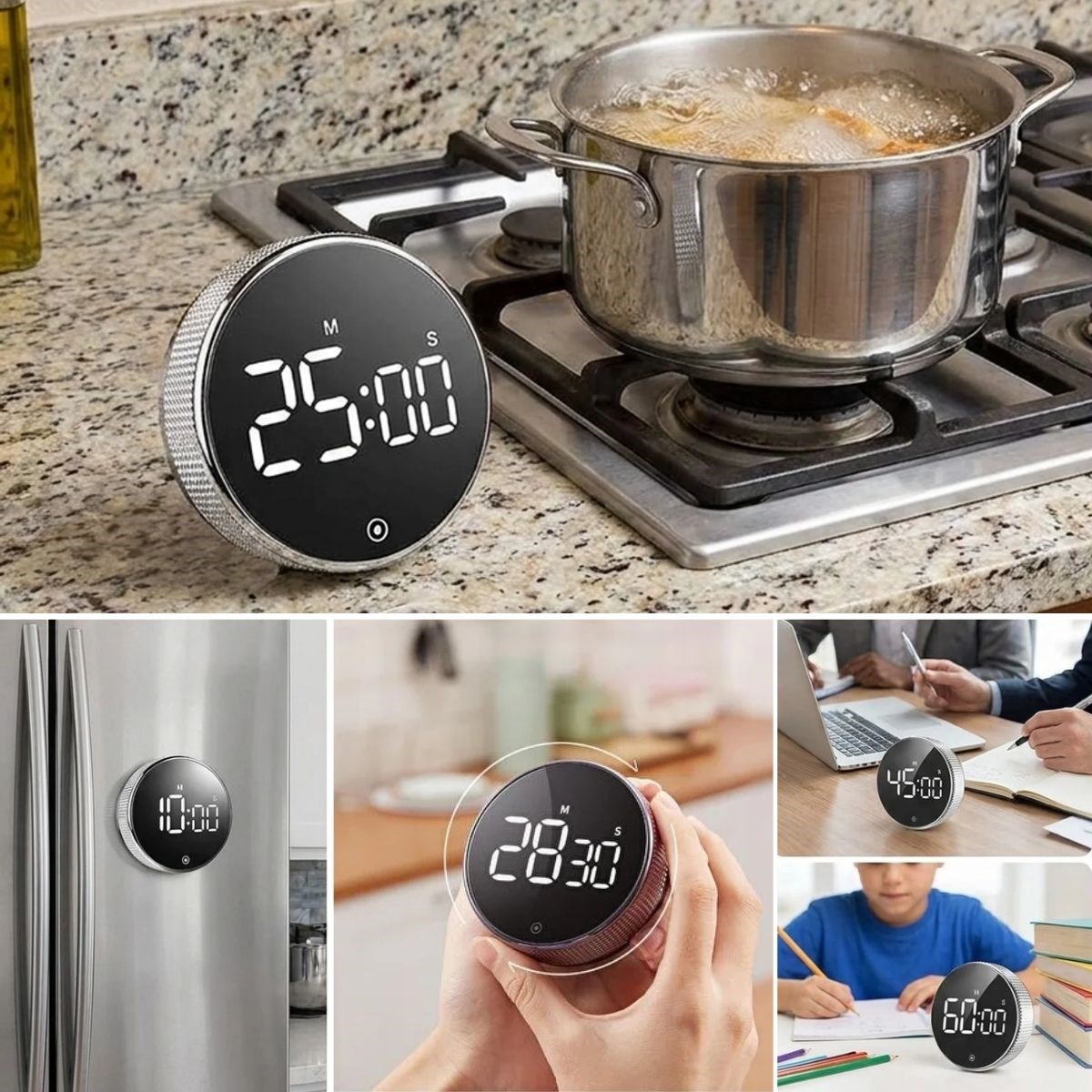 BUFFER® Manyetik Dijital Mutfak Zamanlayıcısı – 3 İnç LED Ekranlı Ses Ayarlı Döner Geri Sayım Sayacı