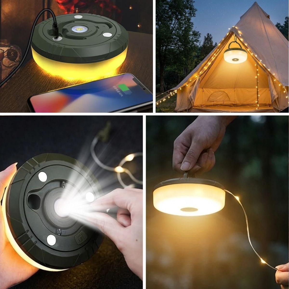BUFFER® 2’si 1 Arada 5 Farklı Işık Modlu Gün Işığı Şarjlı Kamp Lambası ve Makaralı 10 Metre Peri LED Işık – Su Geçirmez Mıknatıslı Aydınlatma Feneri