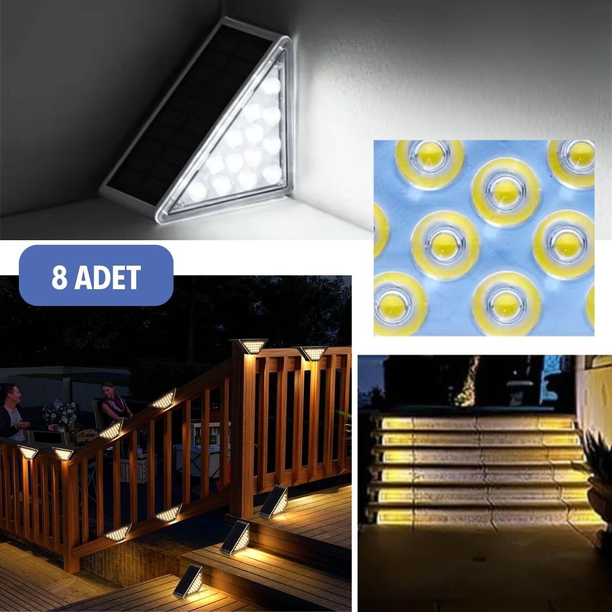  8 Adet Üçgen  Güneş Enerjisi ile Şarj Olan Dış Mekan Solar Basamak Köşe Lambası