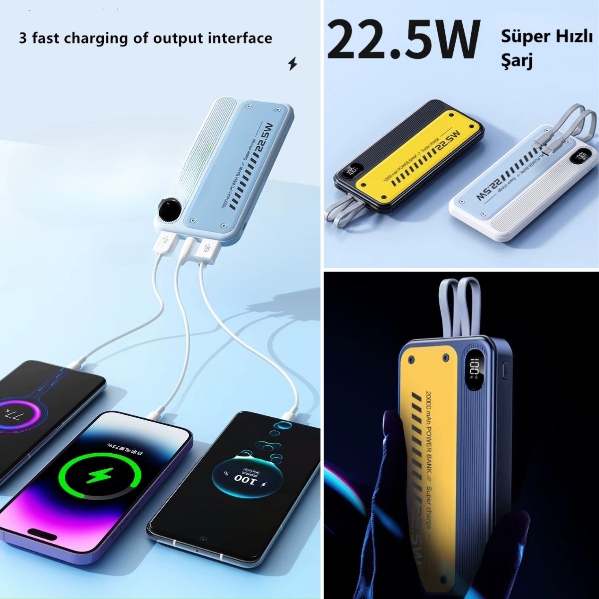 10000 mAh Hızlı Şarj Özellikli Aynı Anda 4 Cihazı Şarj Edebilen Powerbank