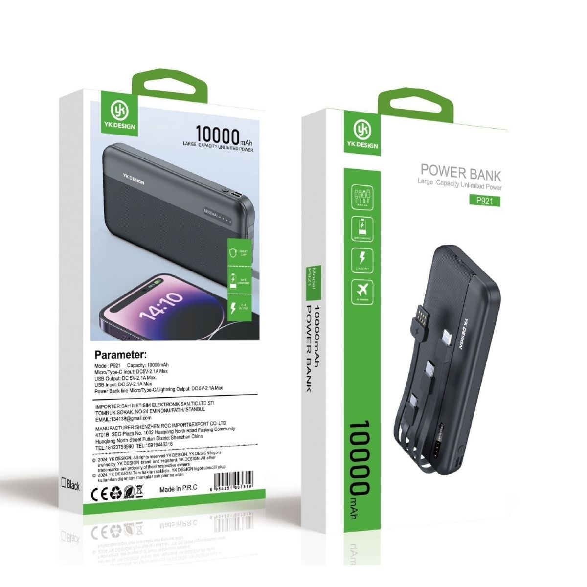 10000 mAh Micro Type-C USB Lightning 4 Kablolu Hızlı Kablosuz Şarj Powerbank