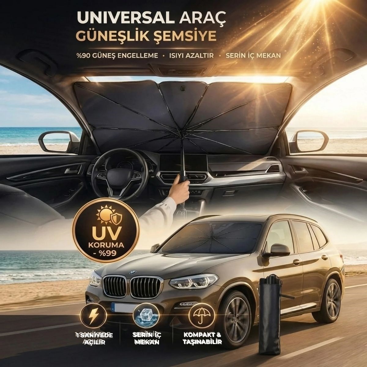 BUFFER® Premium Katlanabilir Araç Ön Cam Güneşliği – Şemsiye Tipi Oto Güneşlik, UV Korumalı Isı Yalıtımlı Ön Cam Gölgelik