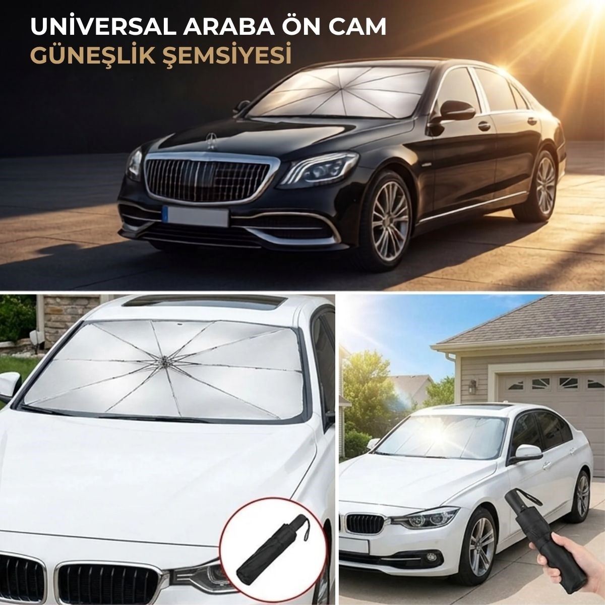 BUFFER® Premium Katlanabilir Araç Ön Cam Güneşliği – Şemsiye Tipi Oto Güneşlik, UV Korumalı Isı Yalıtımlı Ön Cam Gölgelik