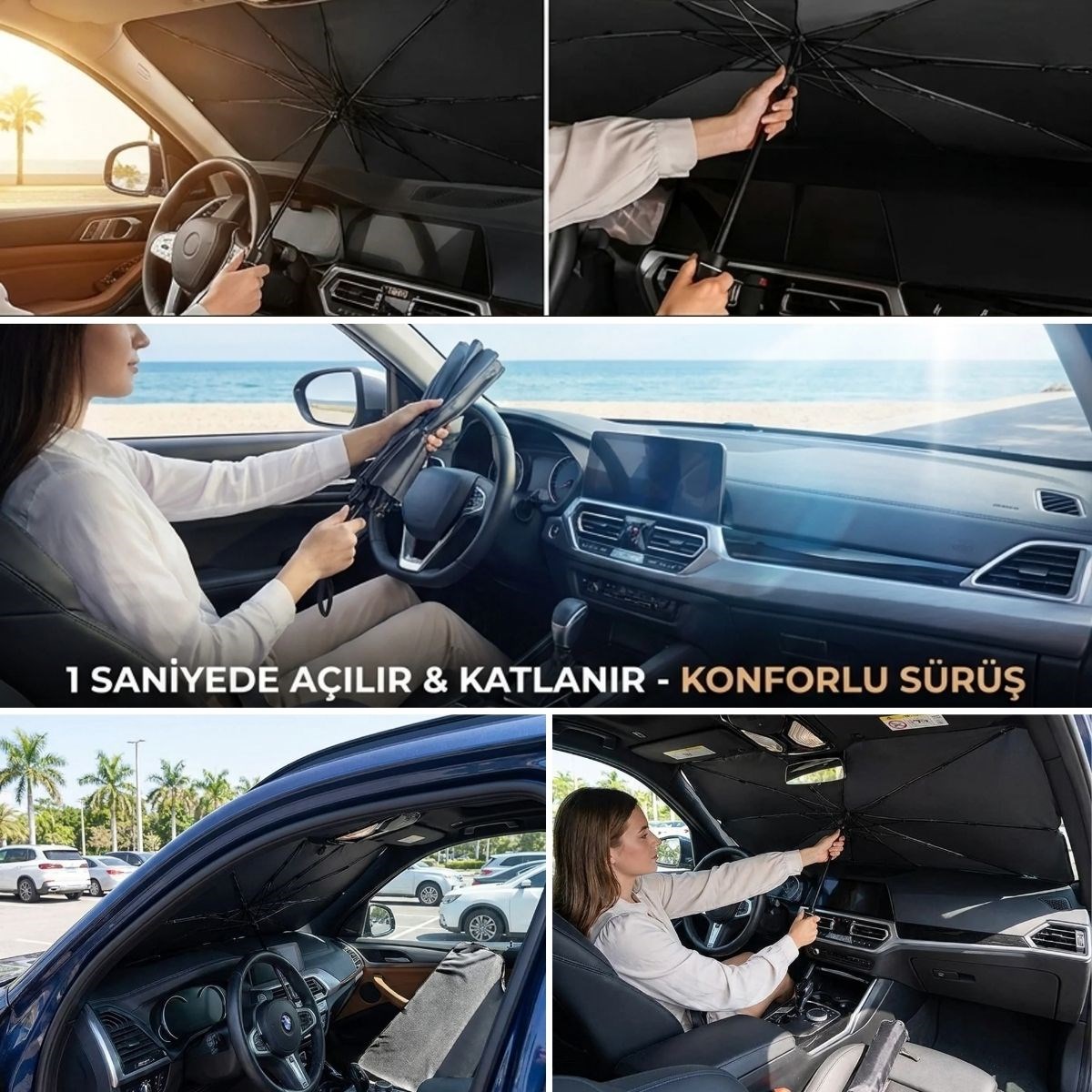 BUFFER® Premium Katlanabilir Araç Ön Cam Güneşliği – Şemsiye Tipi Oto Güneşlik, UV Korumalı Isı Yalıtımlı Ön Cam Gölgelik