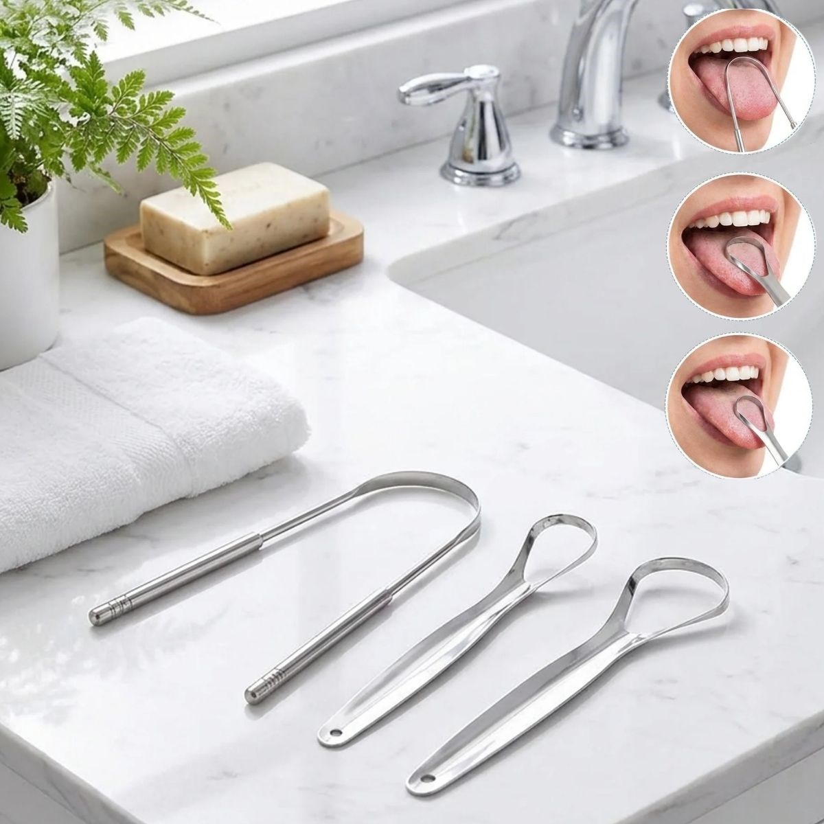 BUFFER® 3’lü Paslanmaz Çelik Dil Temizleyici Seti –  Ergonomik Dil Kazıyıcı ve Ağız Bakım Aparatları Seti