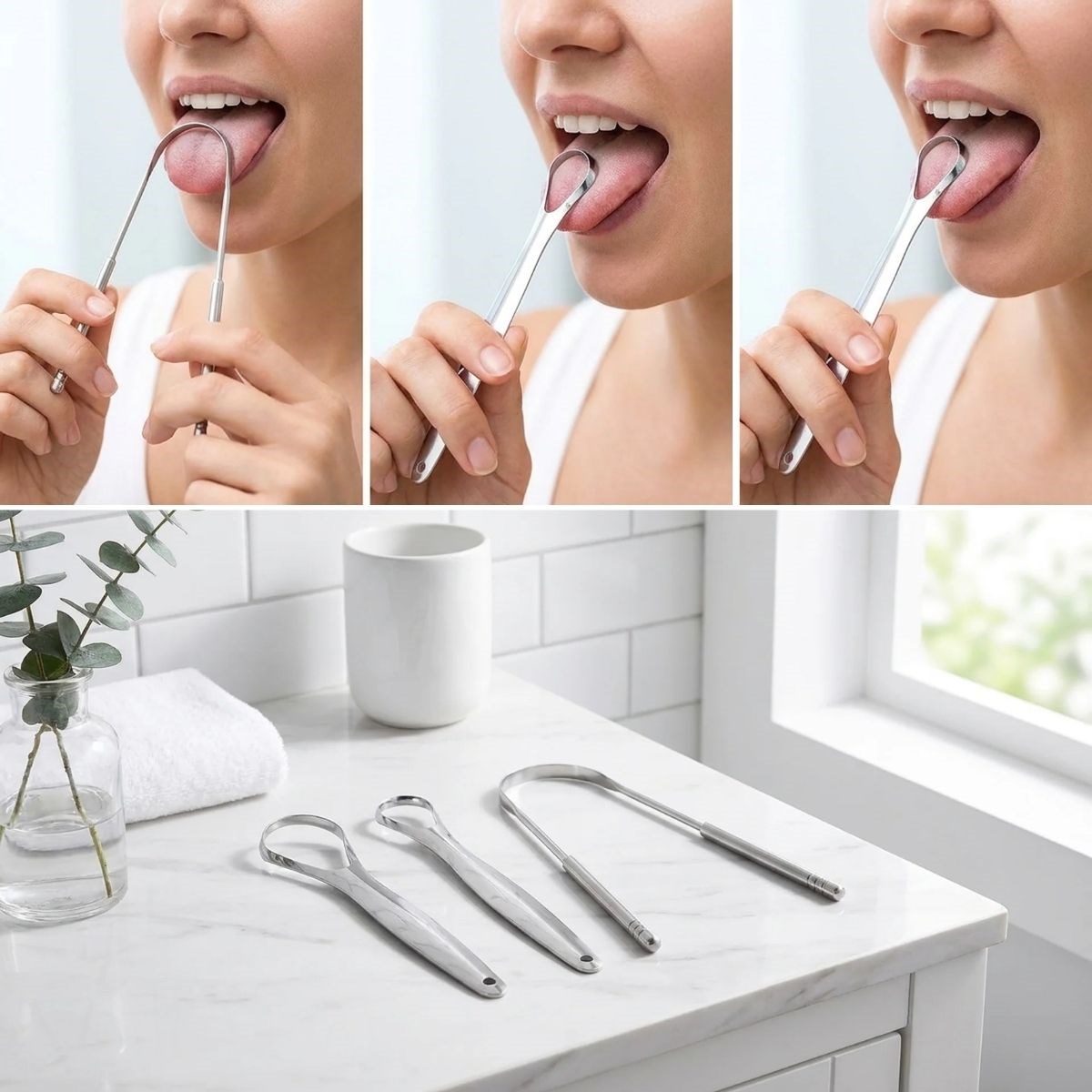 BUFFER® 3’lü Paslanmaz Çelik Dil Temizleyici Seti –  Ergonomik Dil Kazıyıcı ve Ağız Bakım Aparatları Seti