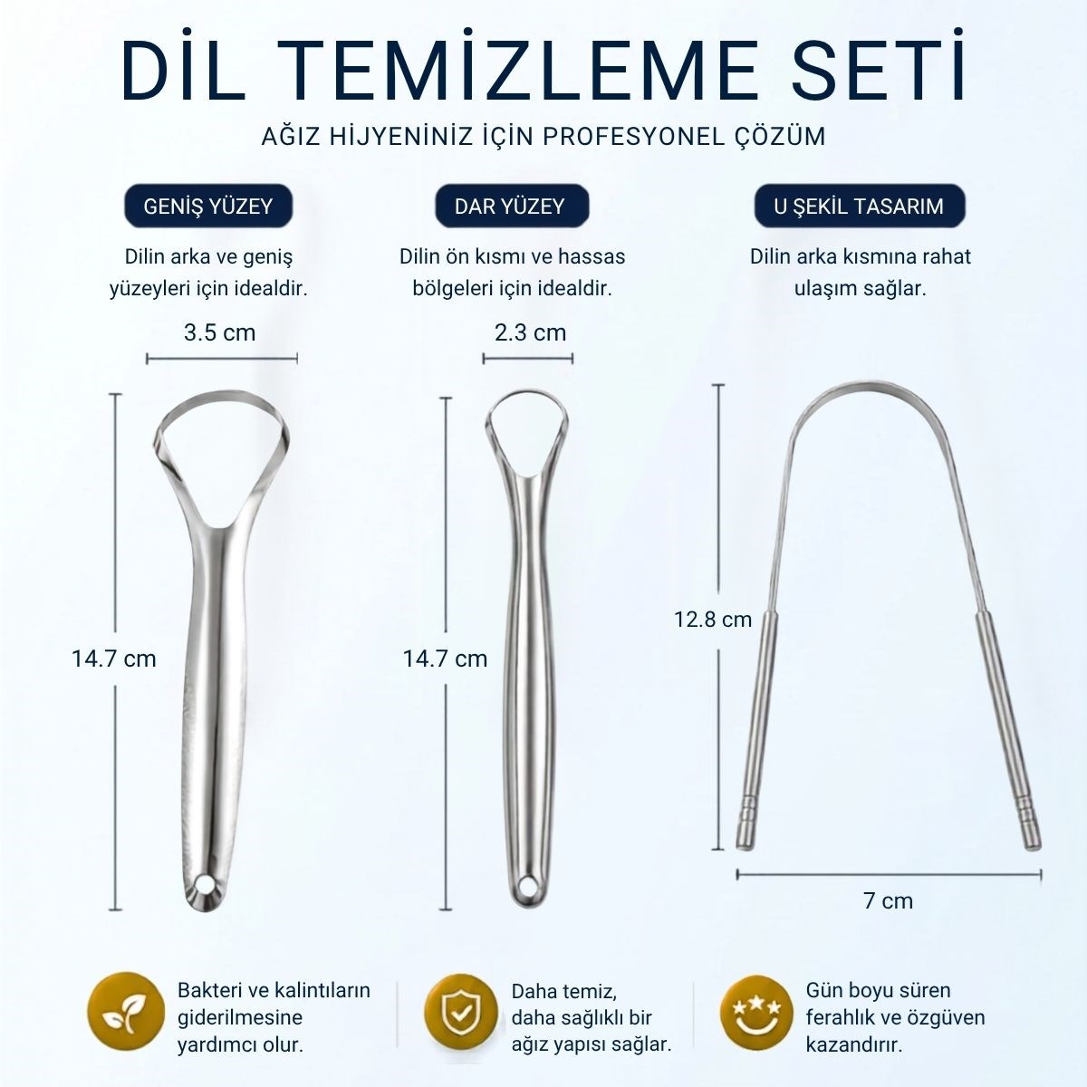 BUFFER® 3’lü Paslanmaz Çelik Dil Temizleyici Seti –  Ergonomik Dil Kazıyıcı ve Ağız Bakım Aparatları Seti