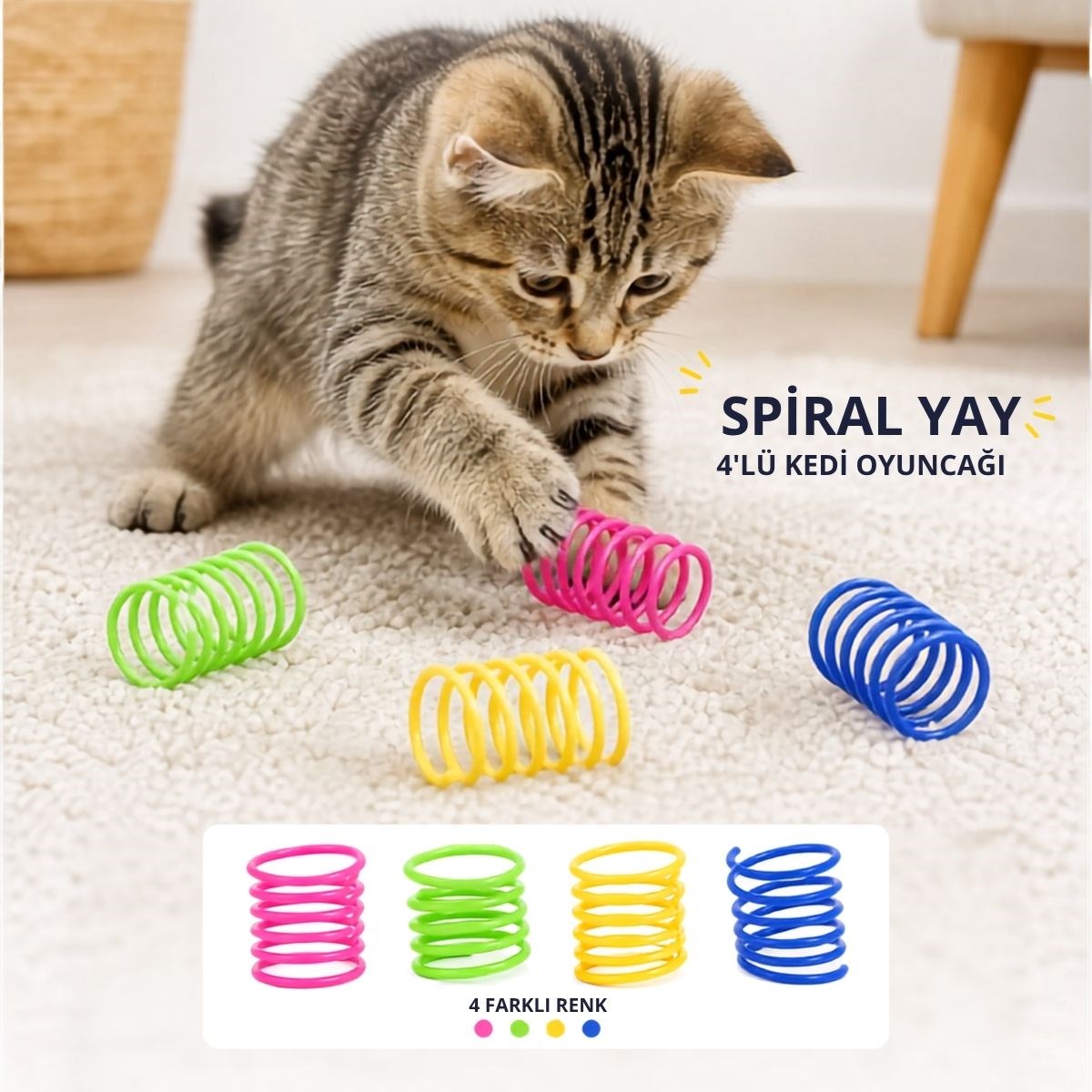 BUFFER® 4’lü Renkli Spiral Yay Kedi Oyuncağı, Esnek ve Hareketli Eğlenceli Kedi Oyun Seti