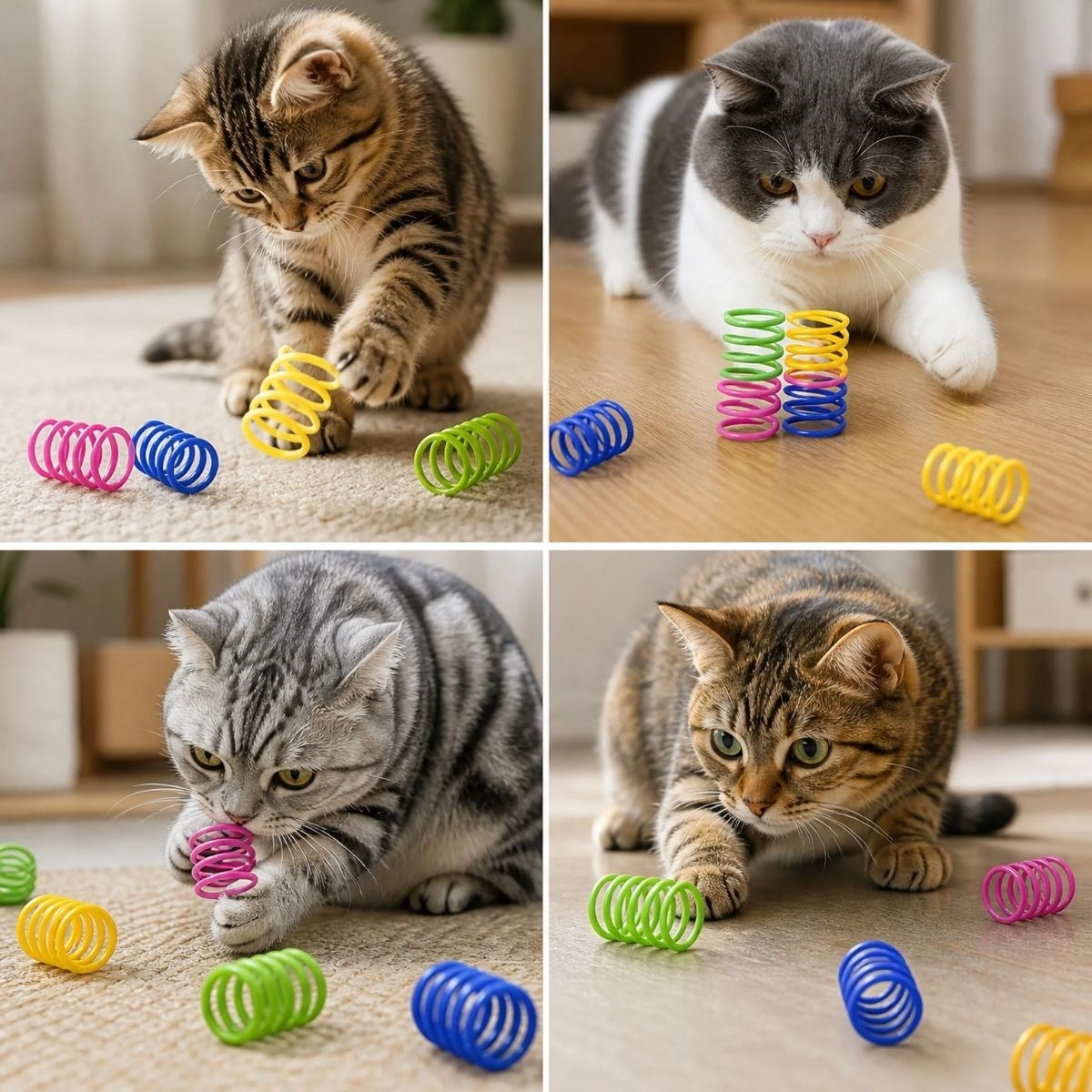 BUFFER® 4’lü Renkli Spiral Yay Kedi Oyuncağı, Esnek ve Hareketli Eğlenceli Kedi Oyun Seti