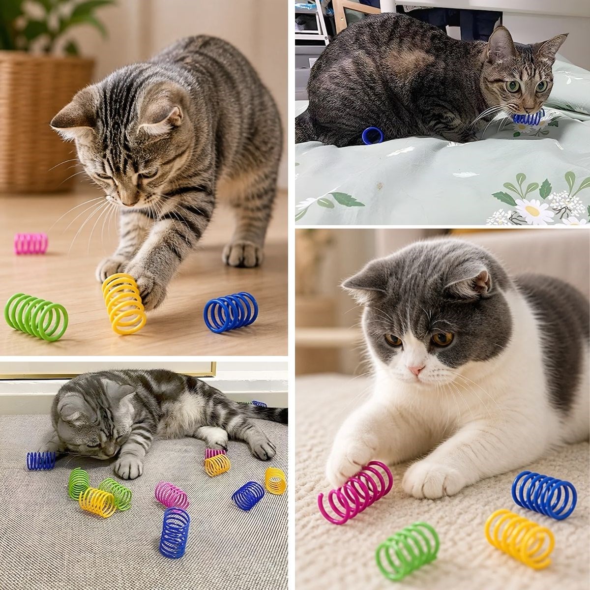 BUFFER® 4’lü Renkli Spiral Yay Kedi Oyuncağı, Esnek ve Hareketli Eğlenceli Kedi Oyun Seti