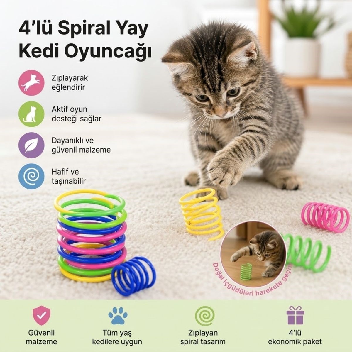 BUFFER® 4’lü Renkli Spiral Yay Kedi Oyuncağı, Esnek ve Hareketli Eğlenceli Kedi Oyun Seti