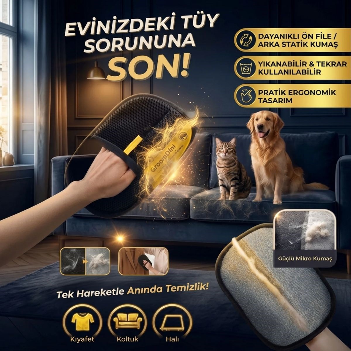 BUFFER® Büyük Boy Evcil Hayvan Tüy Alma Eldiveni, Geliştirilmiş Elektrostatik Tüy Toplayıcı Kedi Köpek Bakım ve Temizlik Eldiveni