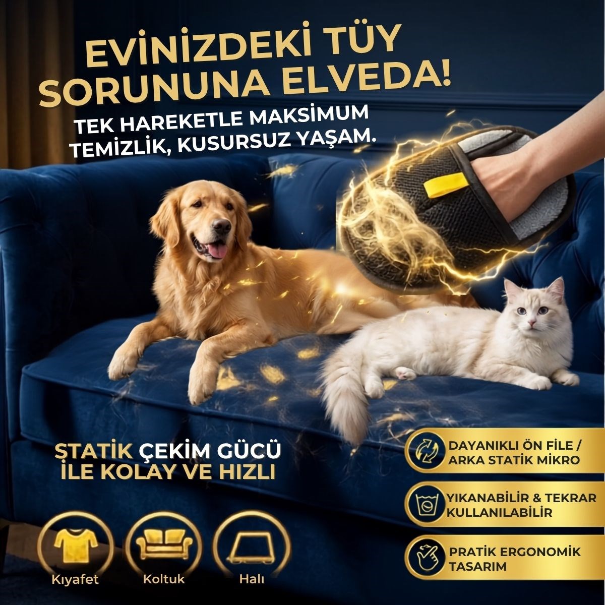 BUFFER® Evcil Hayvan Tüy Temizleme Eldiveni, Statik Mikro Tüy Toplayıcı Kedi Köpek Tüyü için Koltuk, Halı ve Kıyafet Temizleme Eldiveni