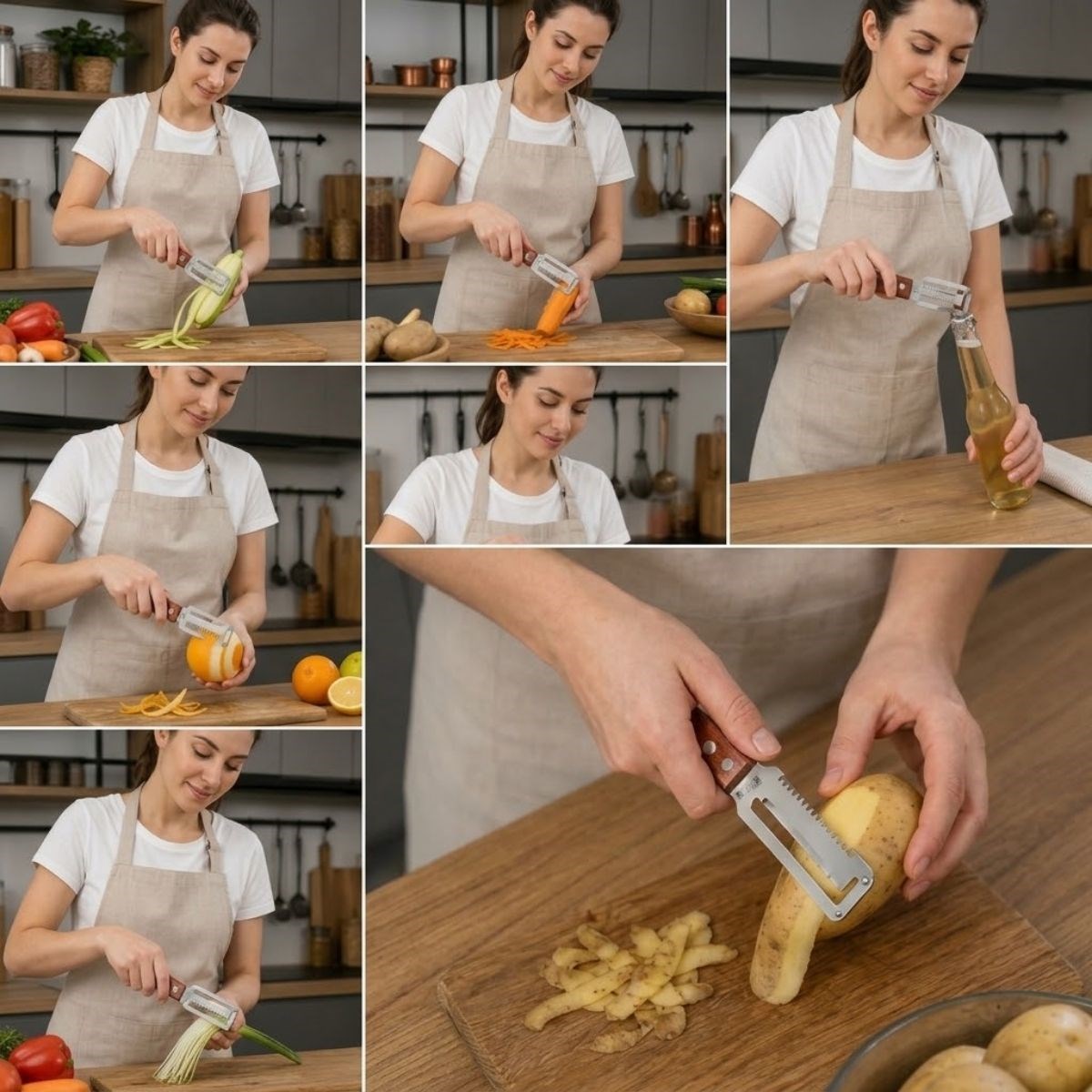 BUFFER® 5’i 1 Arada Çok Fonksiyonlu Sebze ve Patates Soyucu, Paslanmaz Çelik Bıçaklı, Ahşap Görünümlü Saplı Mutfak Jülyen Soyacak, Şişe Açacağı