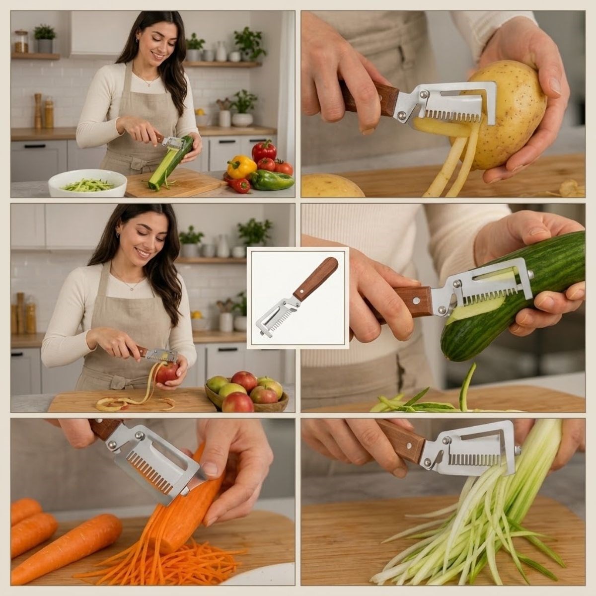 BUFFER® 5’i 1 Arada Çok Fonksiyonlu Sebze ve Patates Soyucu, Paslanmaz Çelik Bıçaklı, Ahşap Görünümlü Saplı Mutfak Jülyen Soyacak, Şişe Açacağı
