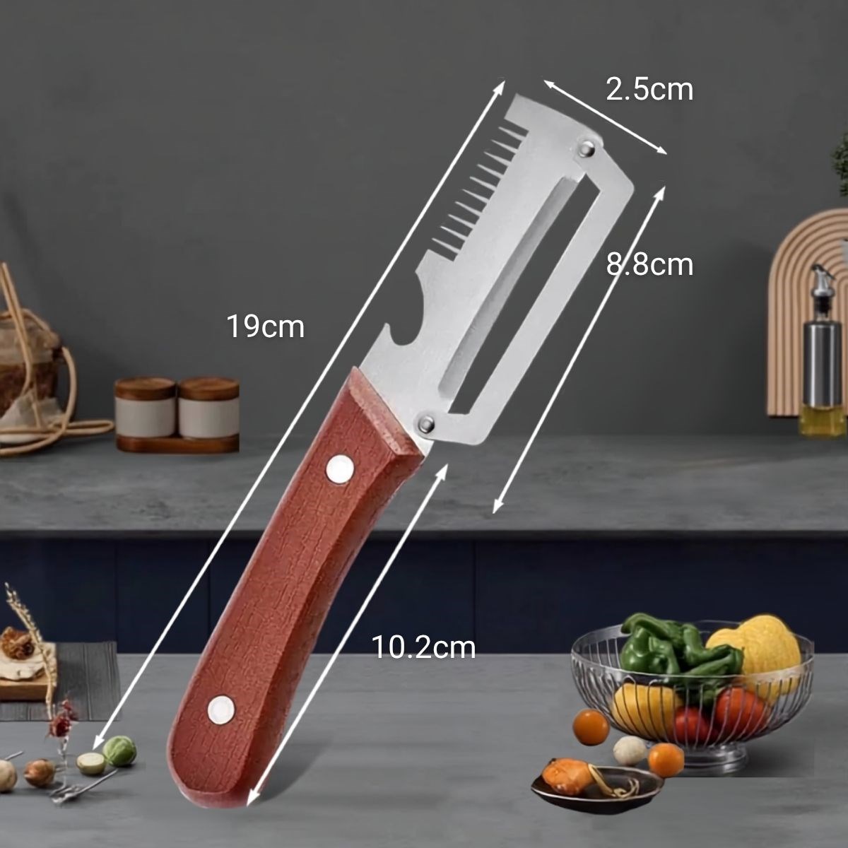 BUFFER® 5’i 1 Arada Çok Fonksiyonlu Sebze ve Patates Soyucu, Paslanmaz Çelik Bıçaklı, Ahşap Görünümlü Saplı Mutfak Jülyen Soyacak, Şişe Açacağı