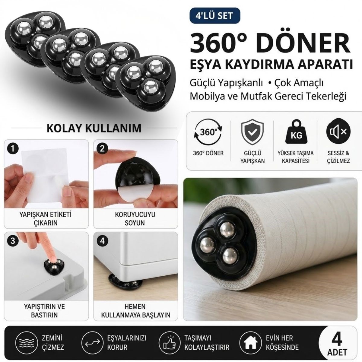 BUFFER® 4’lü 360° Döner 3 Bilyeli Eşya Kaydırma Aparatı, Güçlü Yapışkanlı Çok Amaçlı Mobilya ve Mutfak Gereci Tekerleği