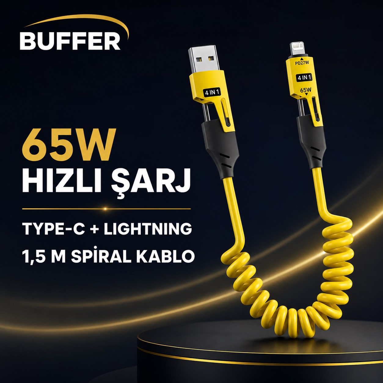 BUFFER® 4’ü 1 Arada Esnek Spiral Hızlı Şarj Kablosu, Araç İçi Yaylı Kablo, Type-C ve Lightning Uyumlu Çoklu Şarj Kablosu