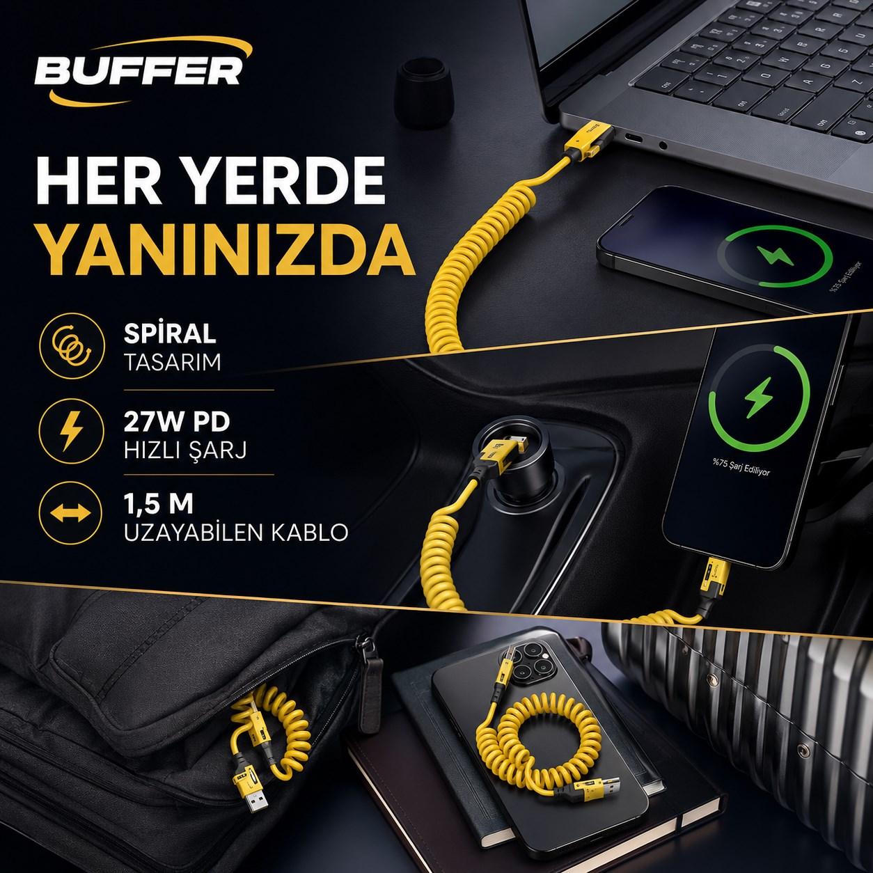 BUFFER® 4’ü 1 Arada Esnek Spiral Hızlı Şarj Kablosu, Araç İçi Yaylı Kablo, Type-C ve Lightning Uyumlu Çoklu Şarj Kablosu
