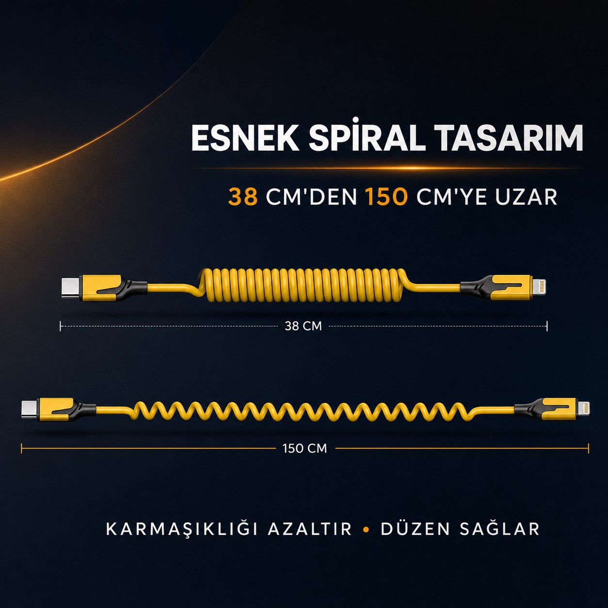 BUFFER® 4’ü 1 Arada Esnek Spiral Hızlı Şarj Kablosu, Araç İçi Yaylı Kablo, Type-C ve Lightning Uyumlu Çoklu Şarj Kablosu