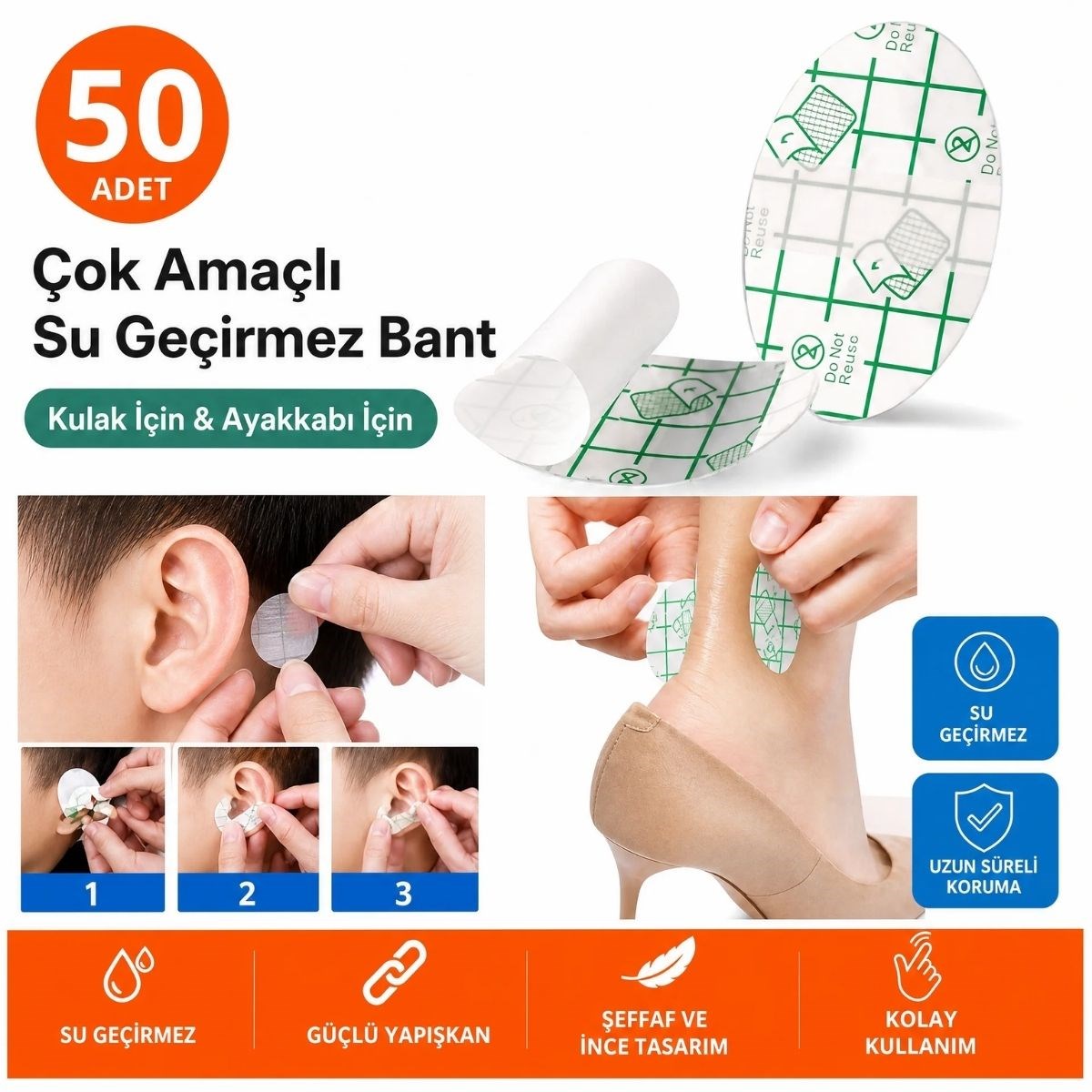 BUFFER® 50 Adet Su Geçirmez Kulak Bandı ve Ayakkabı Vurma Önleyici Bant Seti, Çok Amaçlı Koruyucu Yapışkan Bant