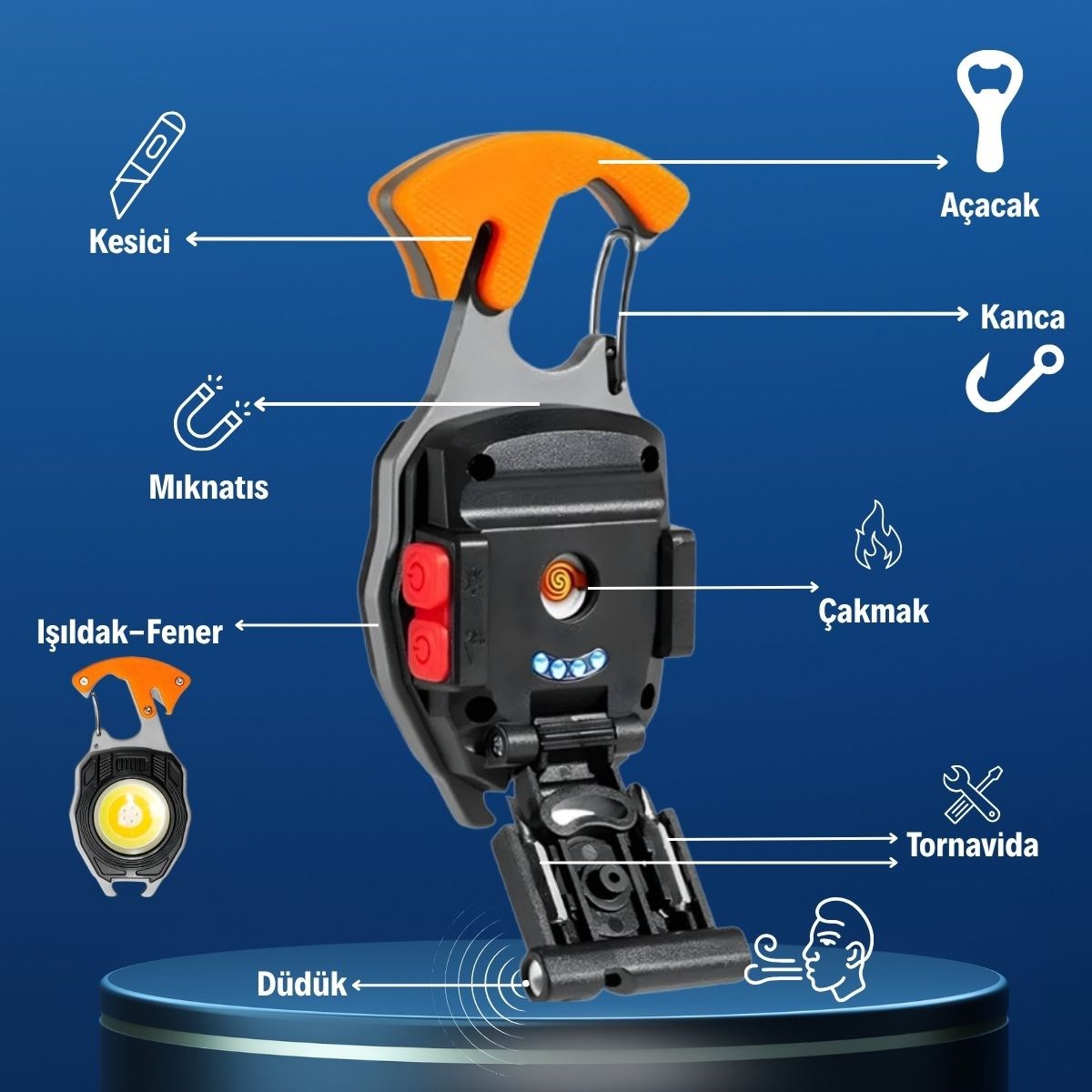 BUFFER® 7 Fonksiyonlu Şarjlı LED El Feneri, Mıknatıslı, Kancalı, Tornavidalı, Kesicili ve Açacaklı, Çakmaklı, Kamp ve Acil Durum Feneri