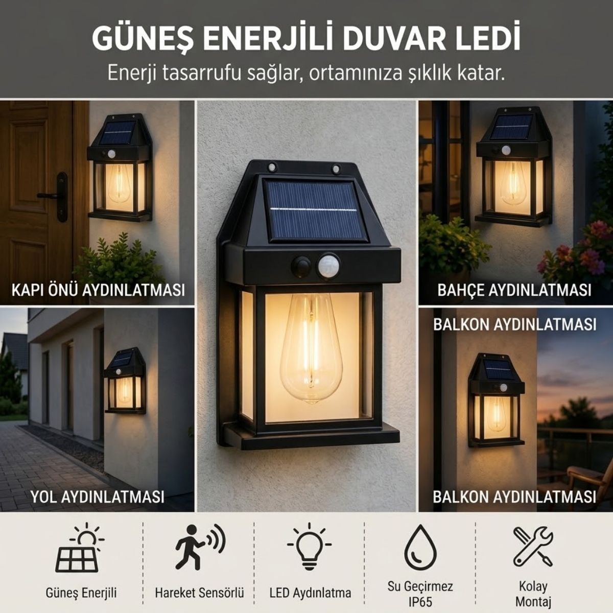BUFFER® Ampul Model 3 Modlu Solar LED Duvar Lambası, Güneş Enerjili, Şarjlı Kablosuz Dış Mekân Apliği, Bahçe ve Kapı Lambası