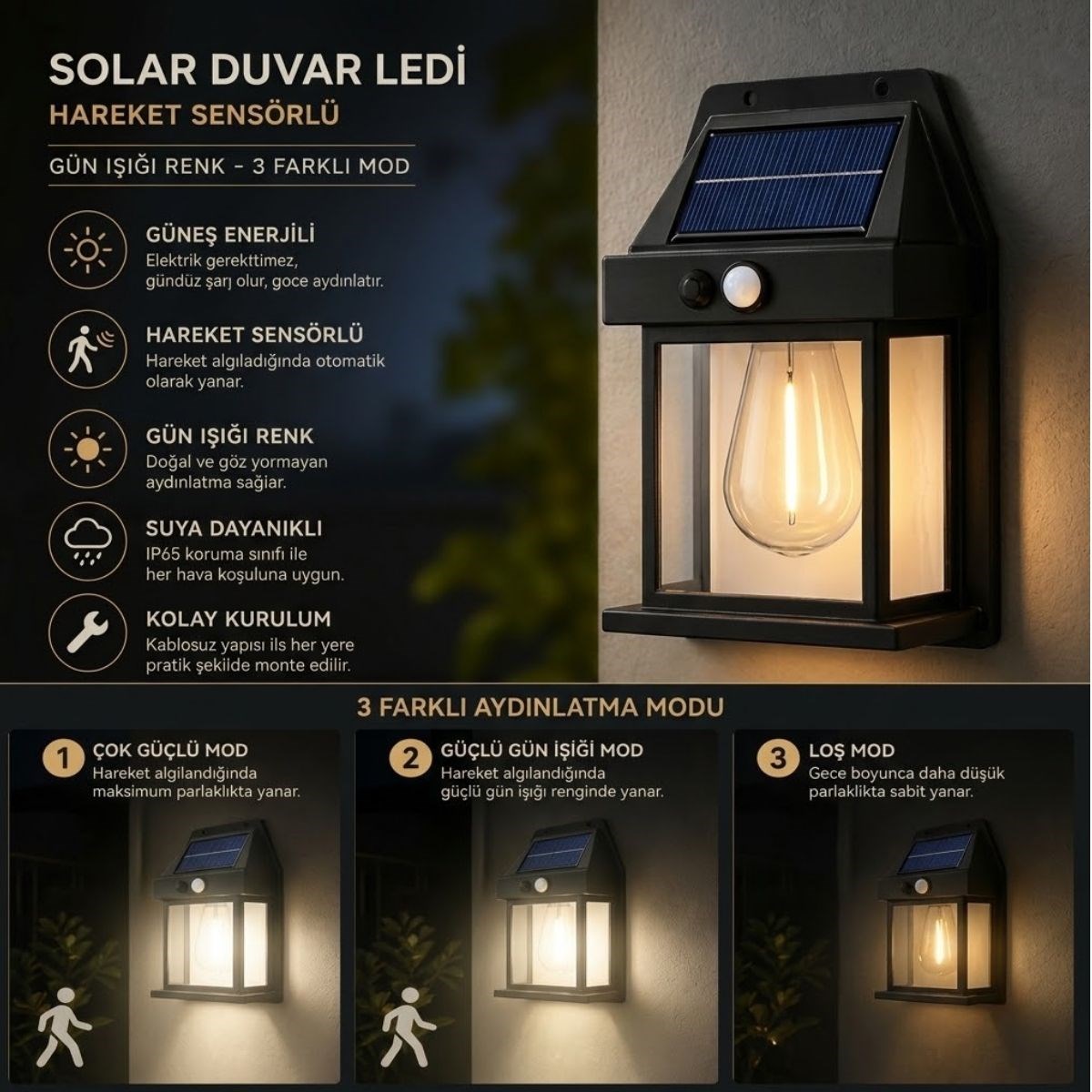 BUFFER® Ampul Model 3 Modlu Solar LED Duvar Lambası, Güneş Enerjili, Şarjlı Kablosuz Dış Mekân Apliği, Bahçe ve Kapı Lambası