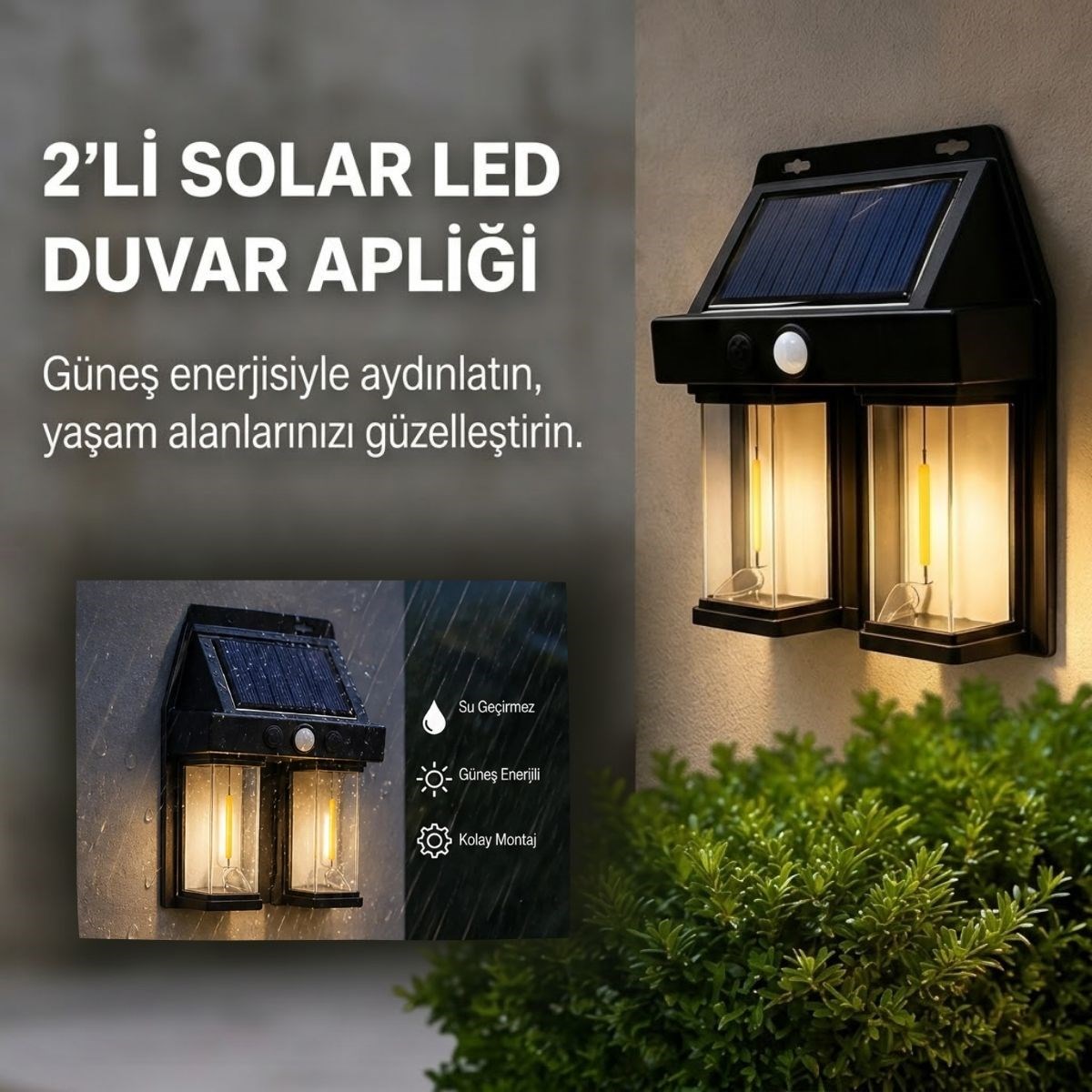 BUFFER® 2’li Solar Güneş Enerjili LED Duvar Apliği, Hareket Sensörlü, Şarjlı, Kablosuz Dış Mekân Bahçe ve Kapı Lambası