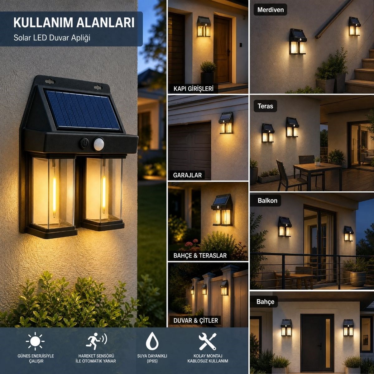 BUFFER® 2’li Solar Güneş Enerjili LED Duvar Apliği, Hareket Sensörlü, Şarjlı, Kablosuz Dış Mekân Bahçe ve Kapı Lambası