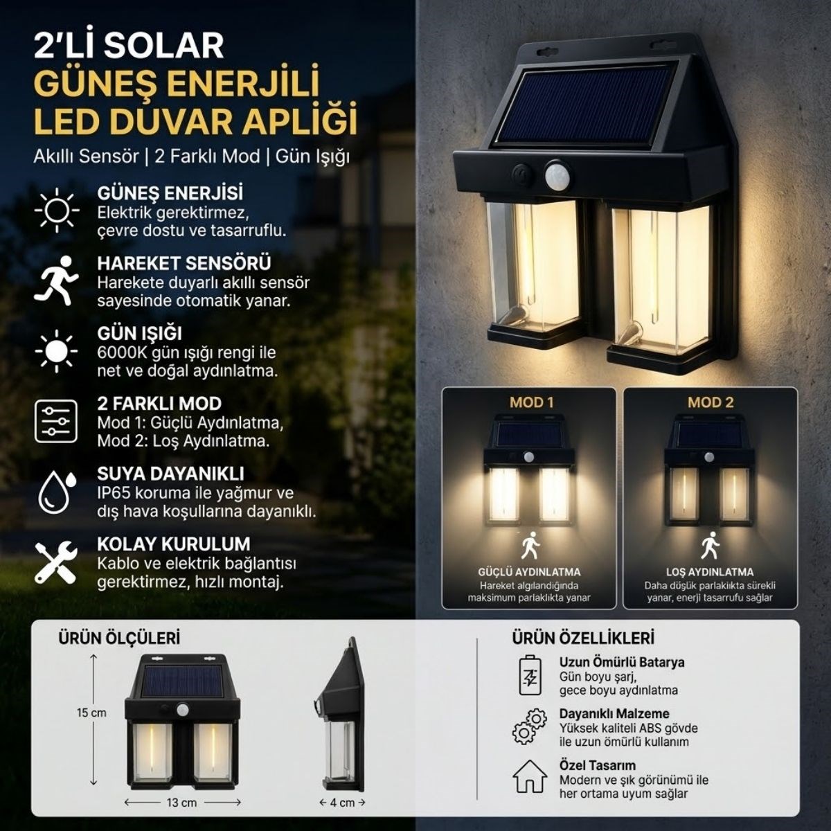 BUFFER® 2’li Solar Güneş Enerjili LED Duvar Apliği, Hareket Sensörlü, Şarjlı, Kablosuz Dış Mekân Bahçe ve Kapı Lambası