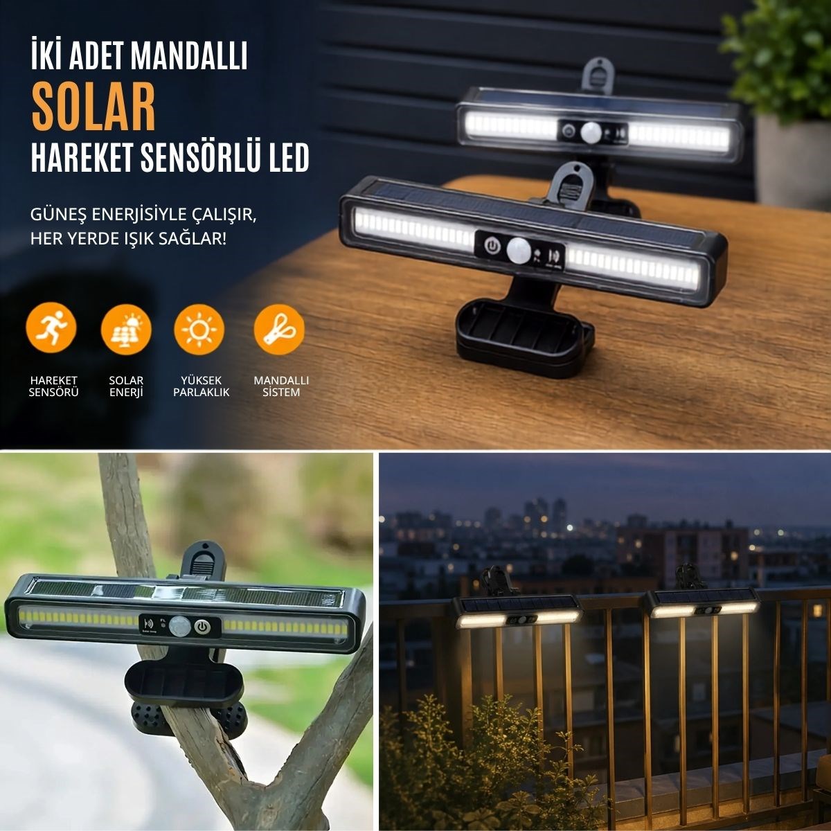 BUFFER® 2 Adet 36 LED Mandallı Solar Lamba, Güneş Enerjili, Hareket Sensörlü, 3 Modlu, Kıskaçlı Kablosuz Dış Mekân Duvar Apliği