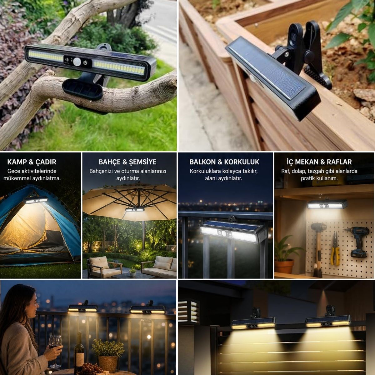 BUFFER® 2 Adet 36 LED Mandallı Solar Lamba, Güneş Enerjili, Hareket Sensörlü, 3 Modlu, Kıskaçlı Kablosuz Dış Mekân Duvar Apliği