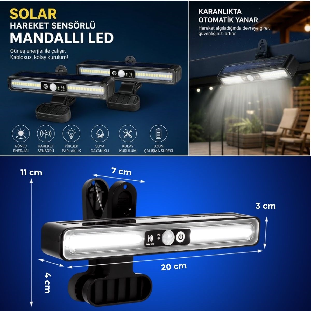 BUFFER® 2 Adet 36 LED Mandallı Solar Lamba, Güneş Enerjili, Hareket Sensörlü, 3 Modlu, Kıskaçlı Kablosuz Dış Mekân Duvar Apliği