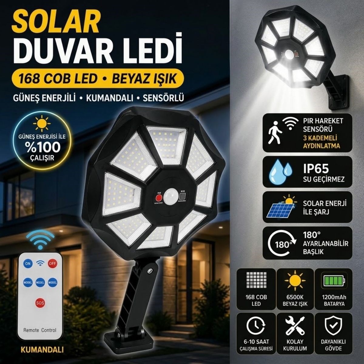 BUFFER® 168B Solar LED Büyük Dış Mekân Lambası, Hareket Sensörlü, Kumandalı, 3 Modlu Ultra Parlak COB Işık, Su Geçirmez Kablosuz Duvar Apliği