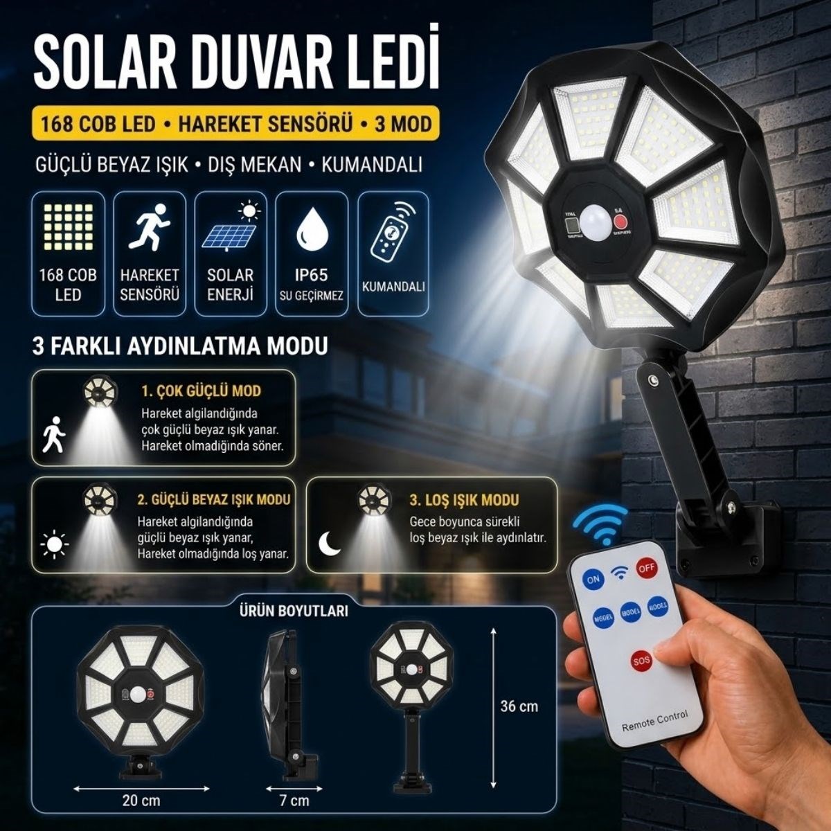 BUFFER® 168B Solar LED Büyük Dış Mekân Lambası, Hareket Sensörlü, Kumandalı, 3 Modlu Ultra Parlak COB Işık, Su Geçirmez Kablosuz Duvar Apliği